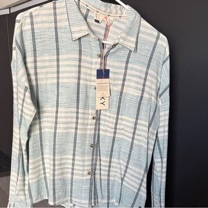 Roxy Teal and White Plaid Beach Long Sleeve Button Down Shirt Size Small NWT